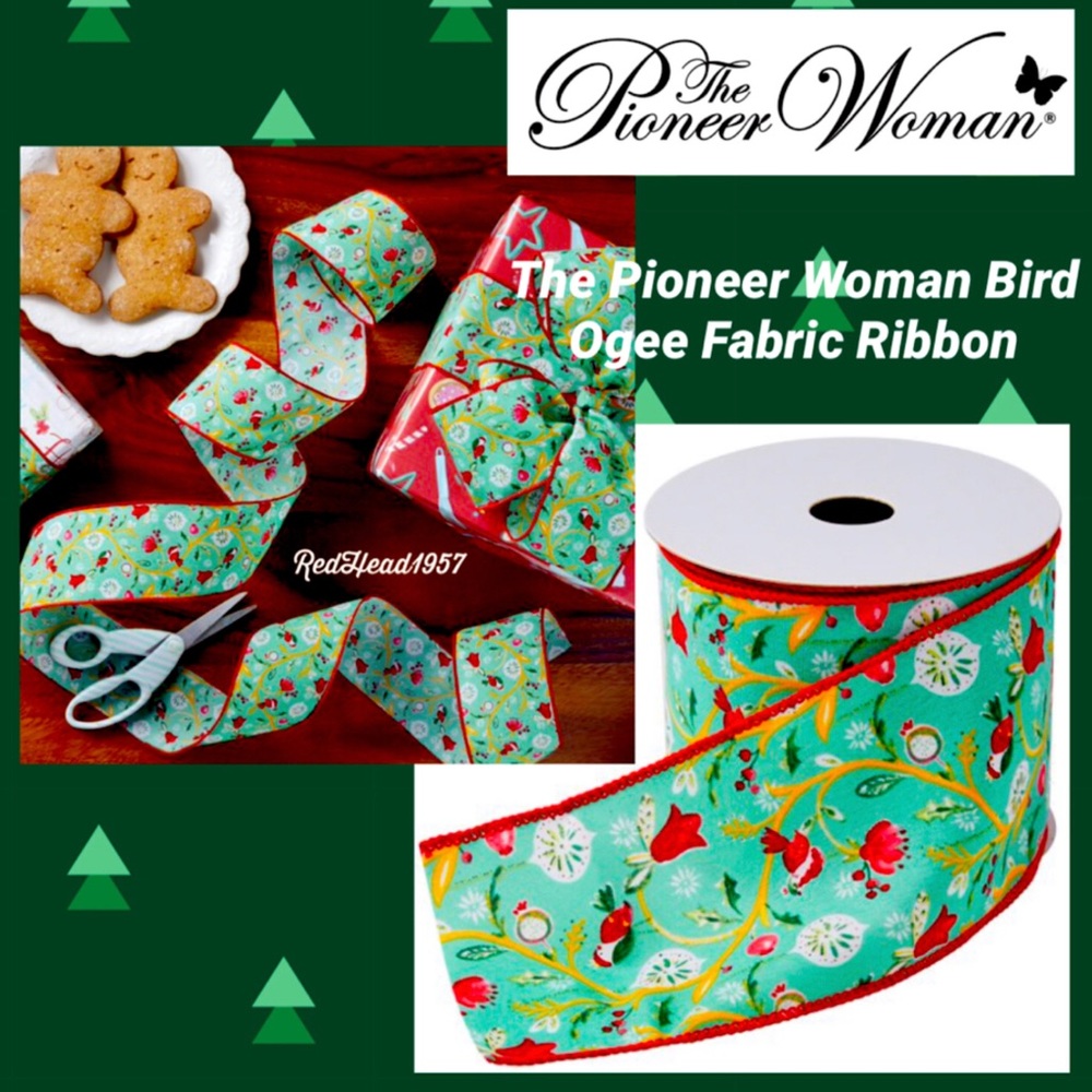 🎁 2 Pioneer Woman Christmas Holiday  Poinsettia Bird Ogee Fabric Ribbon NEW🎁🧵🧶